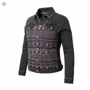 Top Shop Moto Black Size 6 Denim Jacket Embroidered Detailed Unique Style Boho